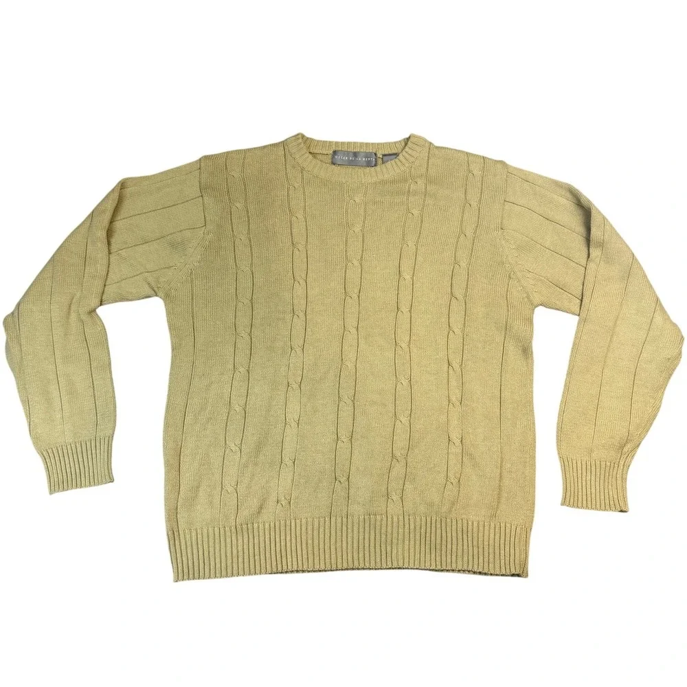 Oscar de la Renta Mens Large Cotton Cable Knit Crewneck Sweater Ribbed